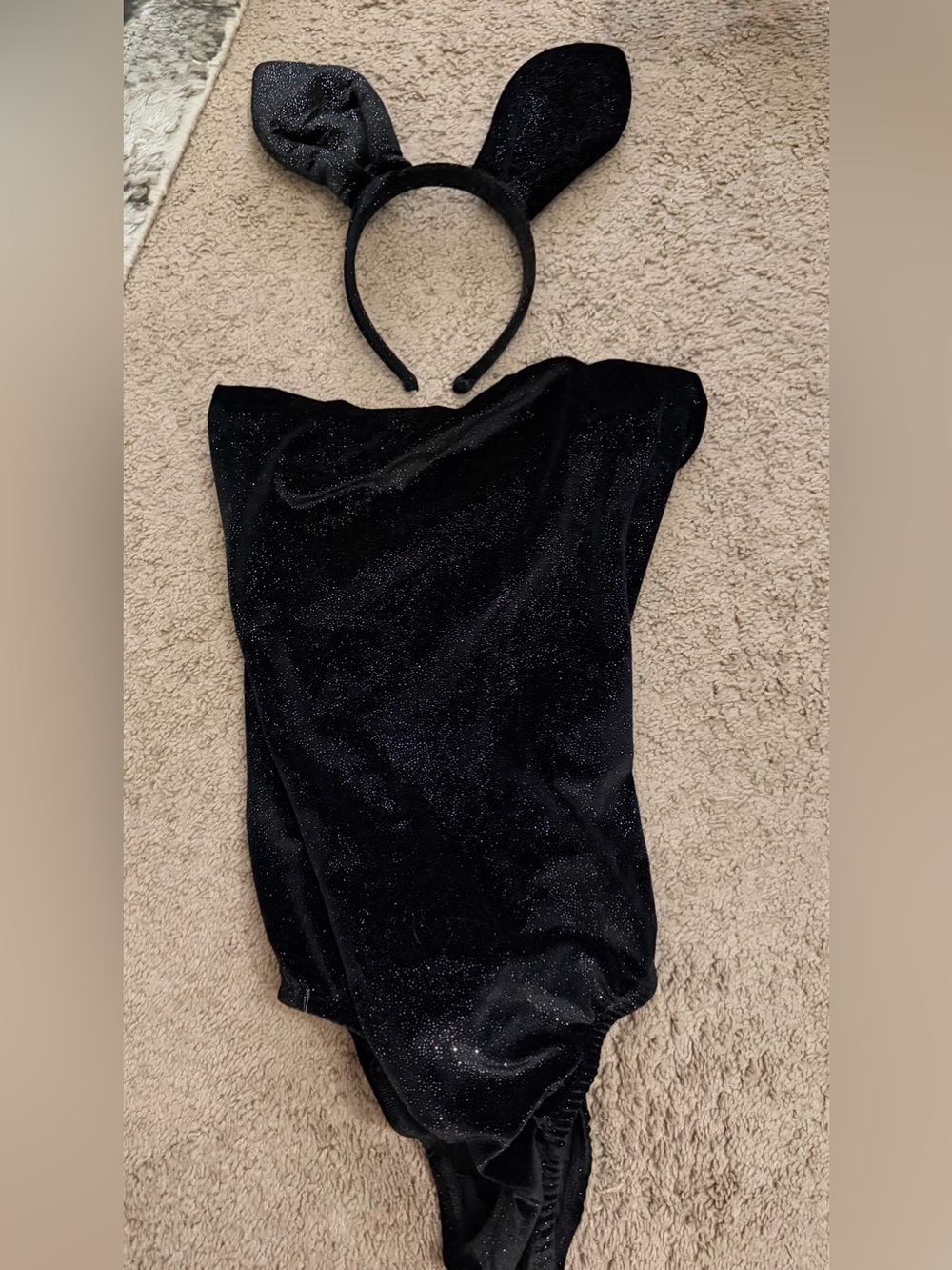 Women’s Black Glitter Bunny Costume Size S/M – Bodysuit + Bunny Ears & Tail